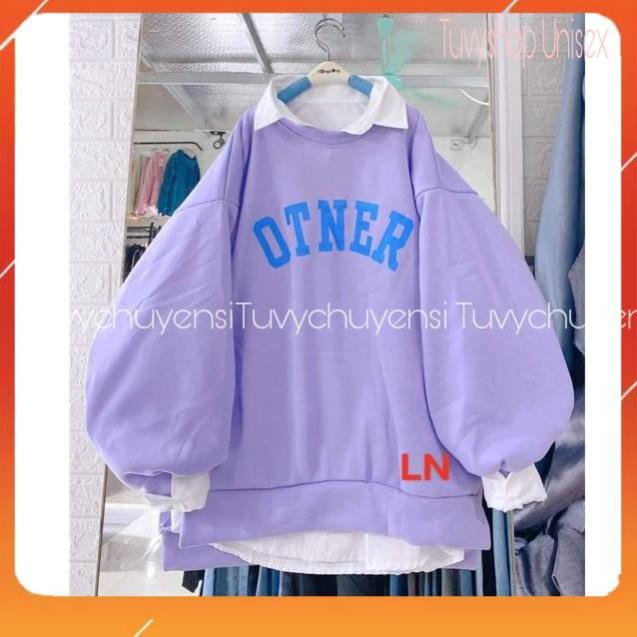 Sweater nữ TUVY Áo nỉ OTNER bo gấu DA32 tay bồng phông đẹp dày ấm màu tím.hồng