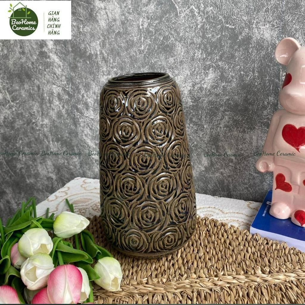 Bình Gốm Khắc Tay Họa Tiết Hoa Hồng Men Mộc Gốm Sứ Bát Tràng Cao 27cm Trang Trí Nội Thất Đẹp
