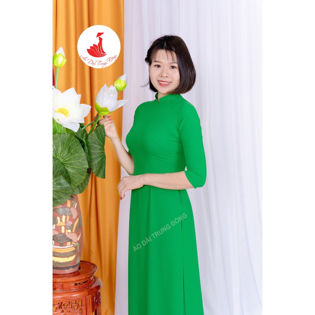Áo dài trơn chất liệu tằm ý cổ cao 2.5cm màu xanh lá| Áo dài Trung Đồng