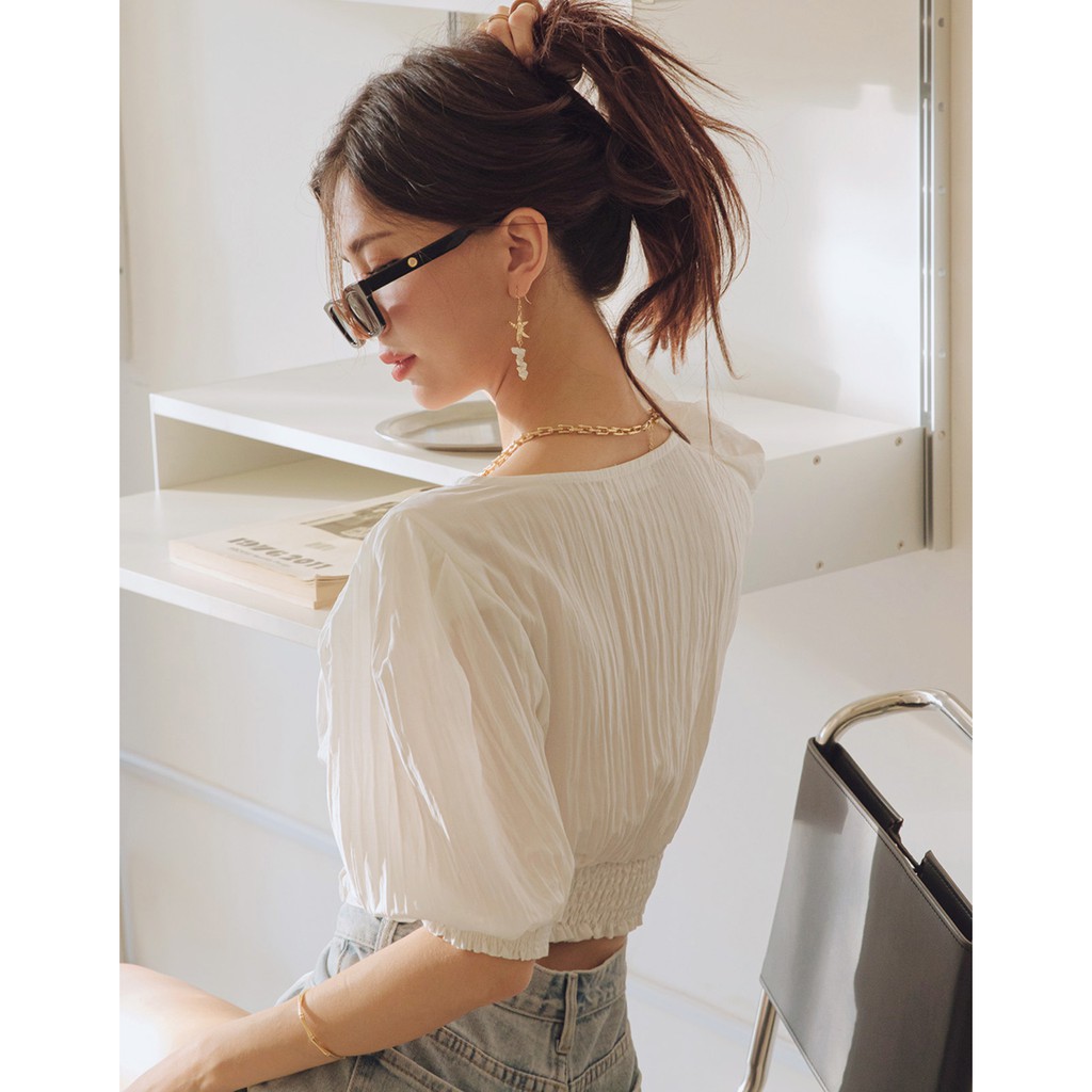 Áo croptop xếp nhăn cổ chéo tay bồng nữ Air Space 2121821024