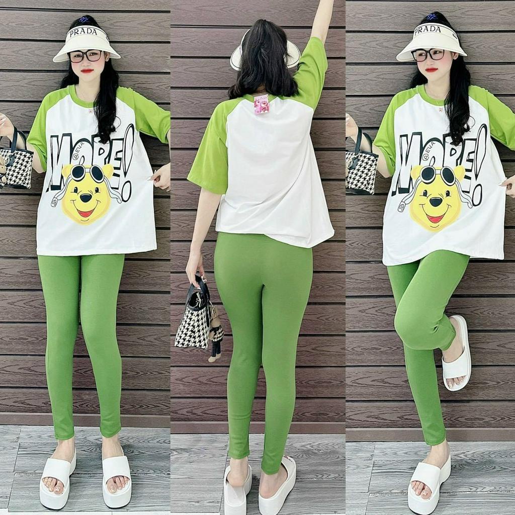 Sét Bộ Aó Thun From Rộng In Gấu Tay Phối Kèm Quần Legging Ôm Co Dãn Mặc Thoải Mái Năng Động
