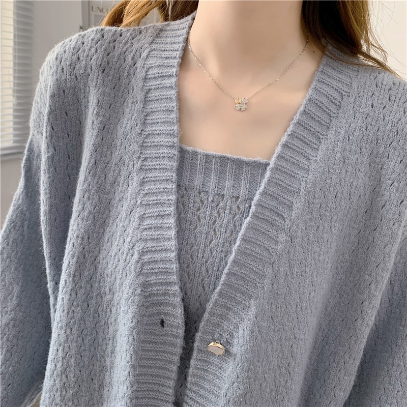 SUXI Set Áo Khoác Cardigan Và Áo Hai Dây Thiết Kế Mới Thời Trang Mùa Thu Dành Cho Nữ
