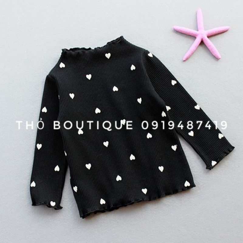 Áo thun bé gái GAP KIDS xuất xịn cổ lọ bèo tay dài thun cotton gân in tim nhí vàng, đen size 8