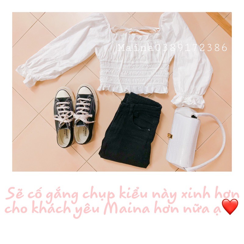 (ẢNH THẬT/SẴN) Áo croptop trắng tiểu thư bo chun cổ vuông thắt nơ