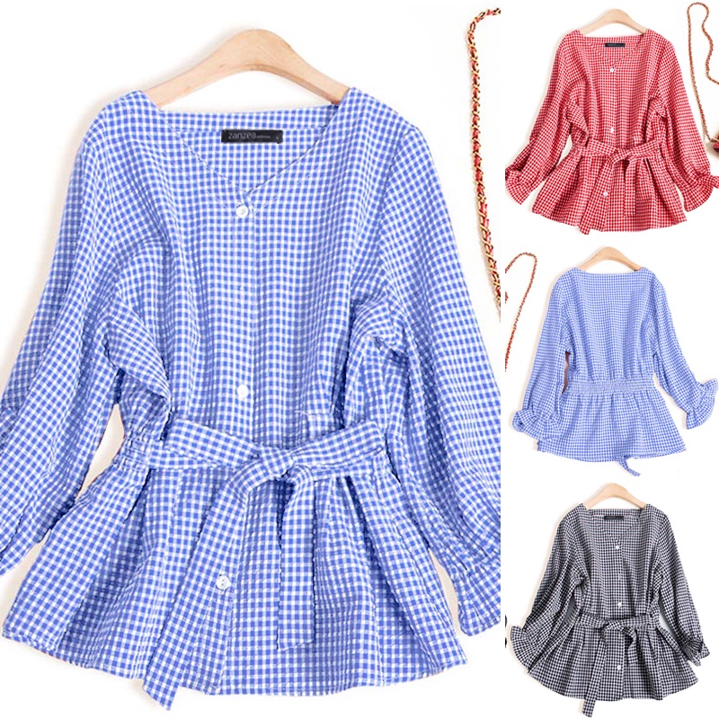 Áo sơ mi Zanzea tay dài họa tiết kẻ sọc caro cổ chữ v thanh lịch cho nữ