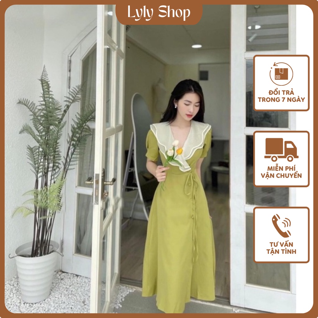 Đầm midi cổ voan bèo đắp chéo ( Có Bigsize )