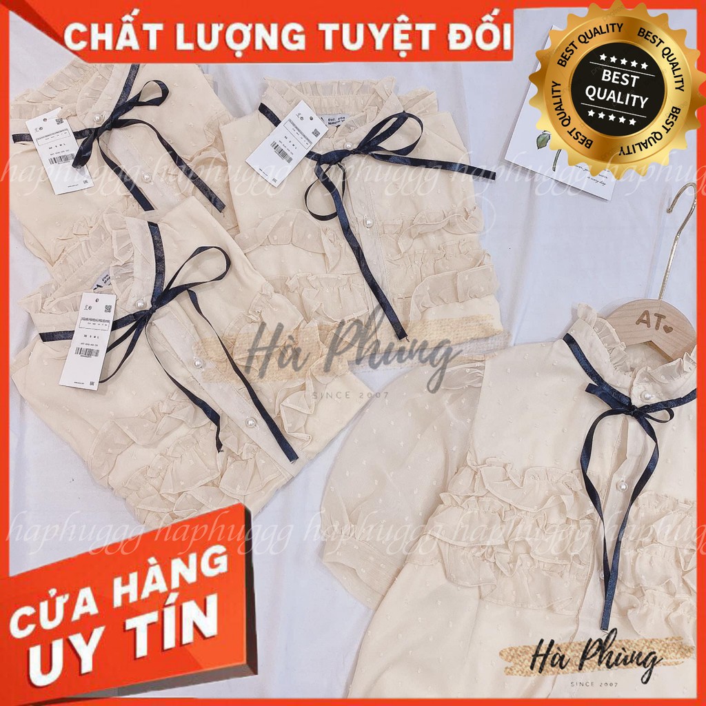 🥰Áo sơmi nữ voan cộc tay xếp bèo ngực 😍 Áo kiểu nữ màu be