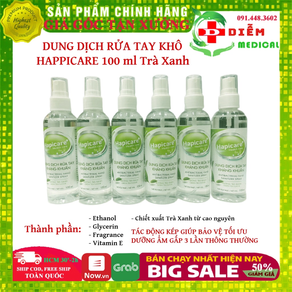 Dung Dịch Nước Rửa Tay Khô Nhanh, Gel Sát Khuẩn, Chai xịt có vòi Bạc Hà 100ml, Trà Xanh 500ml Happicare chính hãng xịn