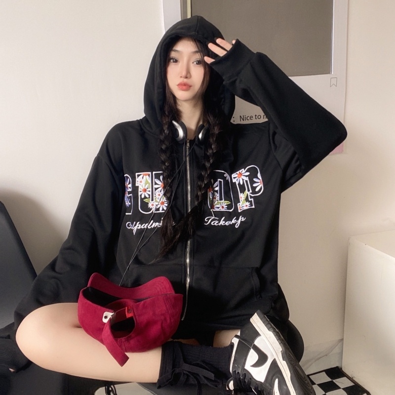 ZHELIHANGFEI Áo Khoác Hoodie Tay Dài Dáng Rộng Thêu Họa Tiết Xinh Xắn
