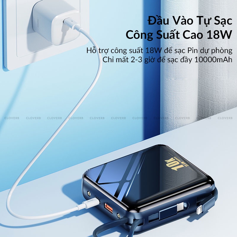 Pin Dự Phòng 10000mAh REMAX Nhỏ Gọn Sạc Nhanh 22.5W Tích Hợp 2 Dây Cáp Sạc Cho iP 13 Pro Max Samsung Xiaomi Huawei Oppo