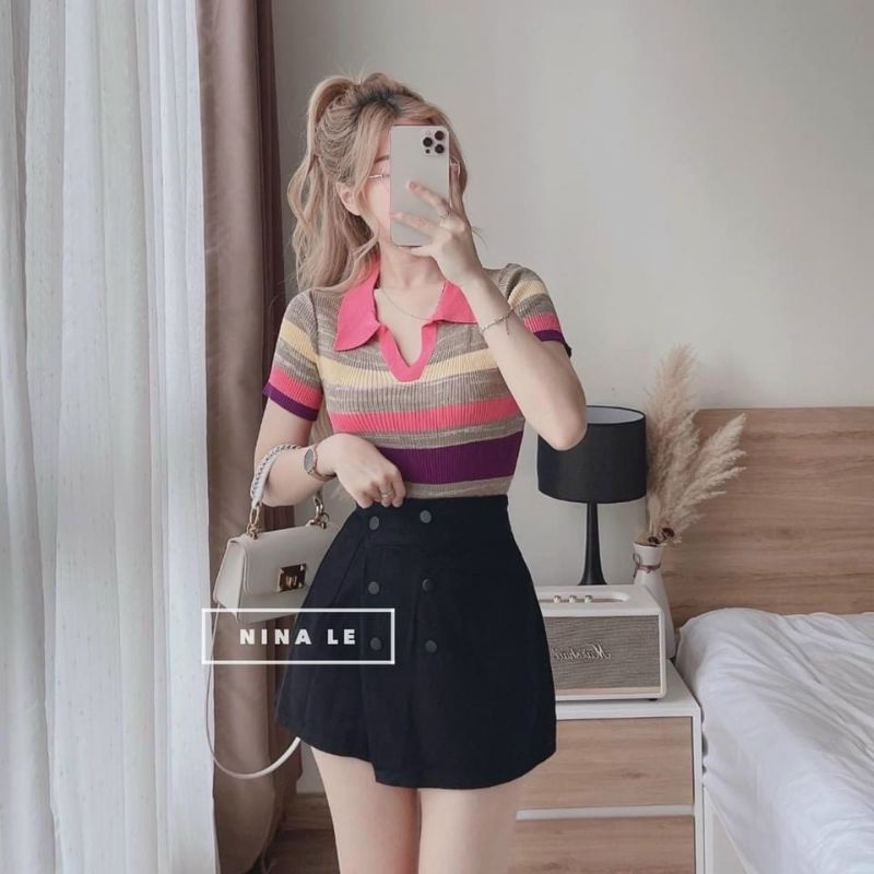 Áo len dệt kim cổ đức phối kẻ màu hot hit
