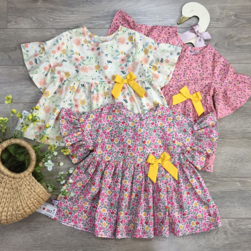Bộ áo váy hoa nhí babydoll ghép quần ôm bé gái xinh, bộ hè mát