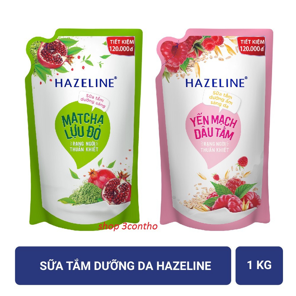 SỮA TẮM HAZELINE MATCHA LỰU ĐỎ, YẾN MẠCH DÂU TẰM TÚI 1KG