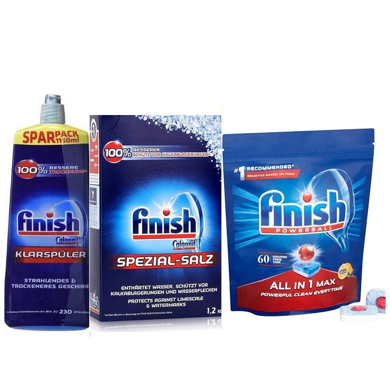 Combo bộ viên rửa chén Finish 60 viên + Hộp muối làm mềm nước 1,2kg* chai nước làm bóng 400ml