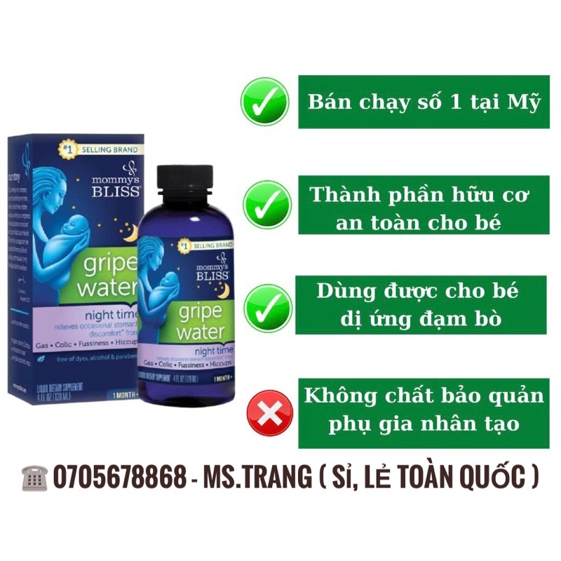 Siro Gripe Water Mommy's Bliss hỗ trợ tiêu ga, giảm đầy hơi, giảm đau bụng ở trẻ sơ sinh.
