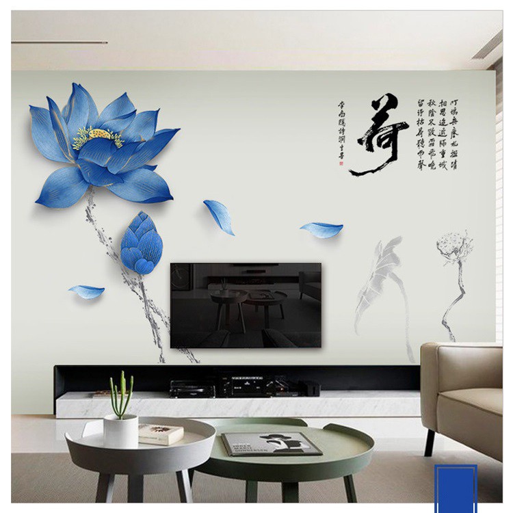 [CHẤT] Decal dán tường Hoa sen xanh thủy mặc trang trí phòng khách siêu đẹp AmyShop