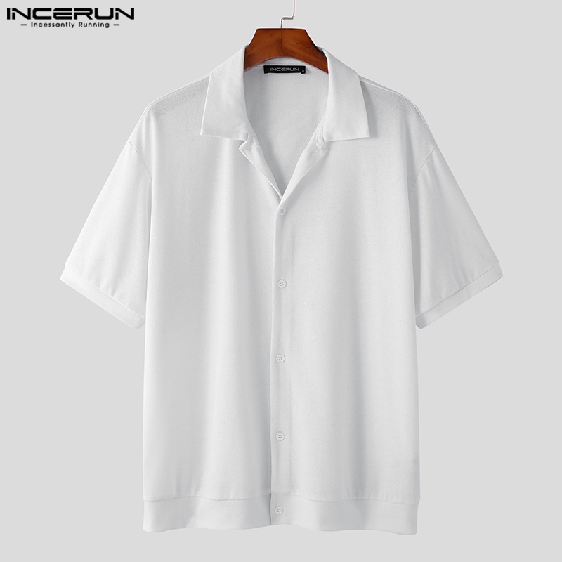 Áo sơ mi INCERUN tay ngắn màu trơn cài nút thời trang lịch lãm cho nam