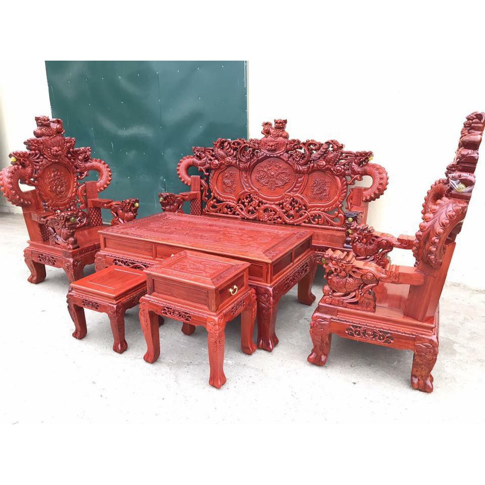 Bộ bàn ghế trạm nghê đỉnh tay khuỳnh gỗ hương đỏ nam phi