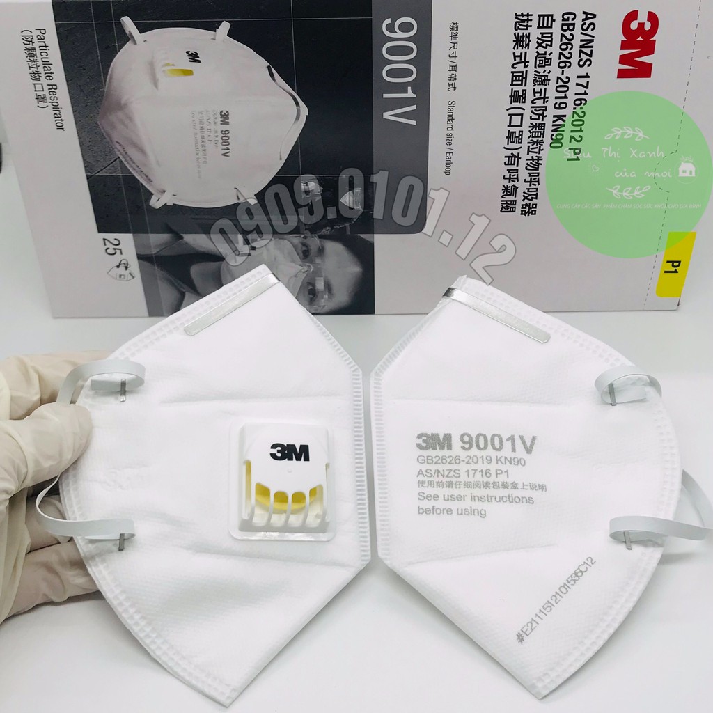 Khẩu trang 3m 9001v có van thở cao cấp hộp 25 cái, Kn90 chính hãng đạt chuẩn AS/NZS FFP1