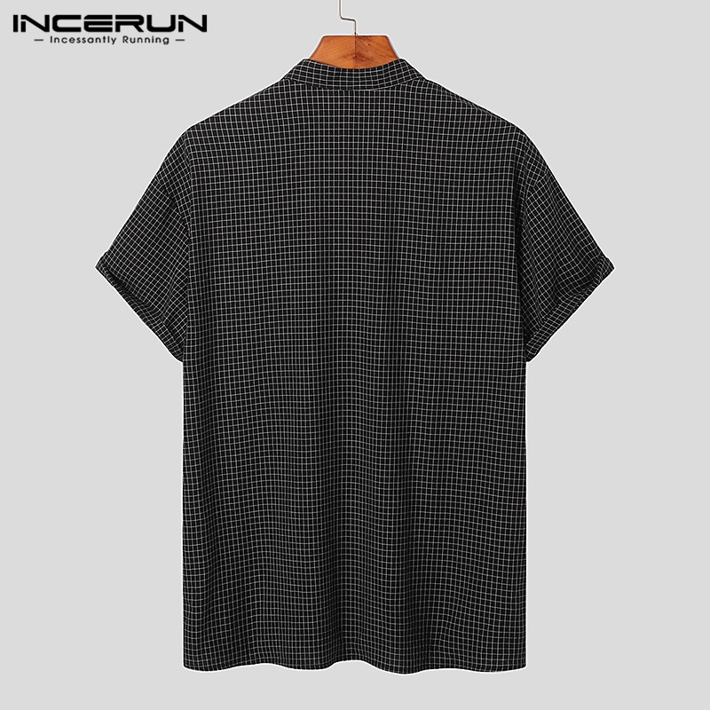 Incerun Áo Sơ Mi Cotton Ngắn Tay Cổ Đứng Cài Nút Kẻ Sọc Caro Cho Nam