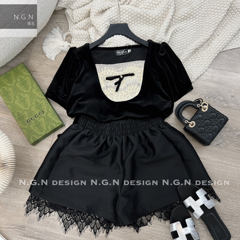 Sét áo nhung nơ quần tacta ren