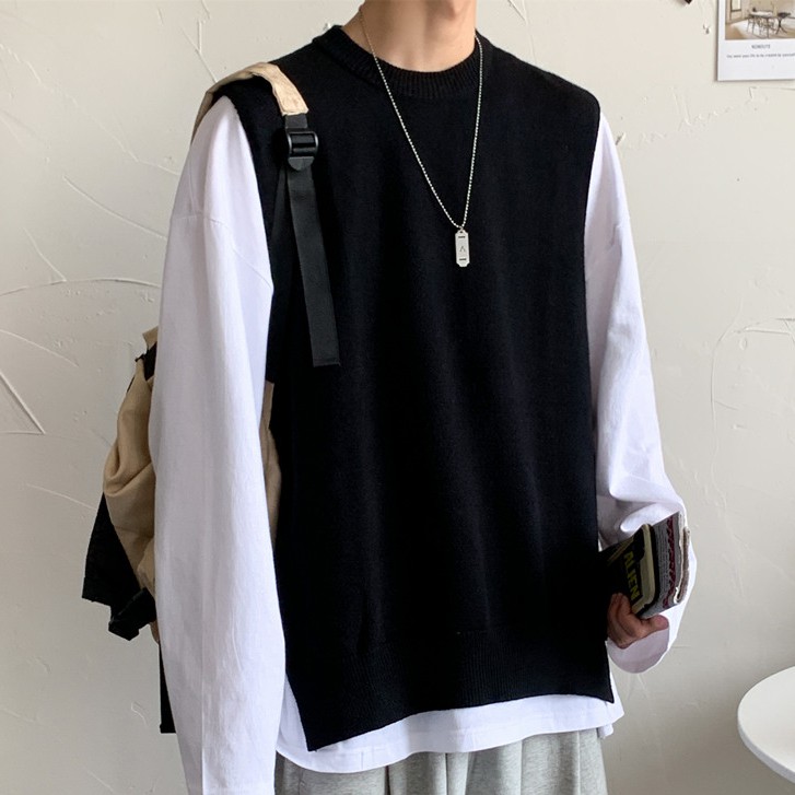 Áo Sweater unisex  không tay sành điệu cho nam Quần áo đơn giản áo len nam hàn quốc áo len cặp đôi cổ tròn