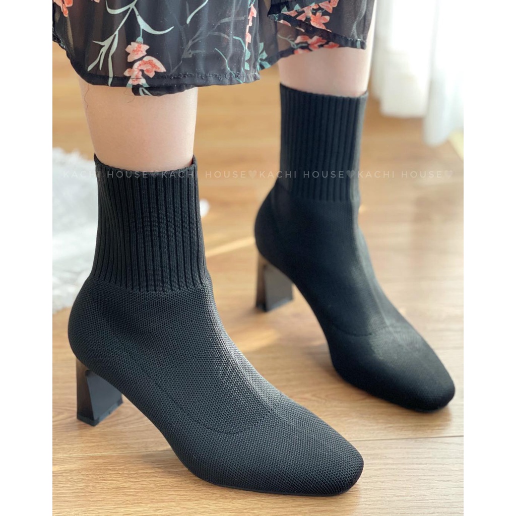 giày boot nữ len chun gót dẹp 7cm mã 7793-2