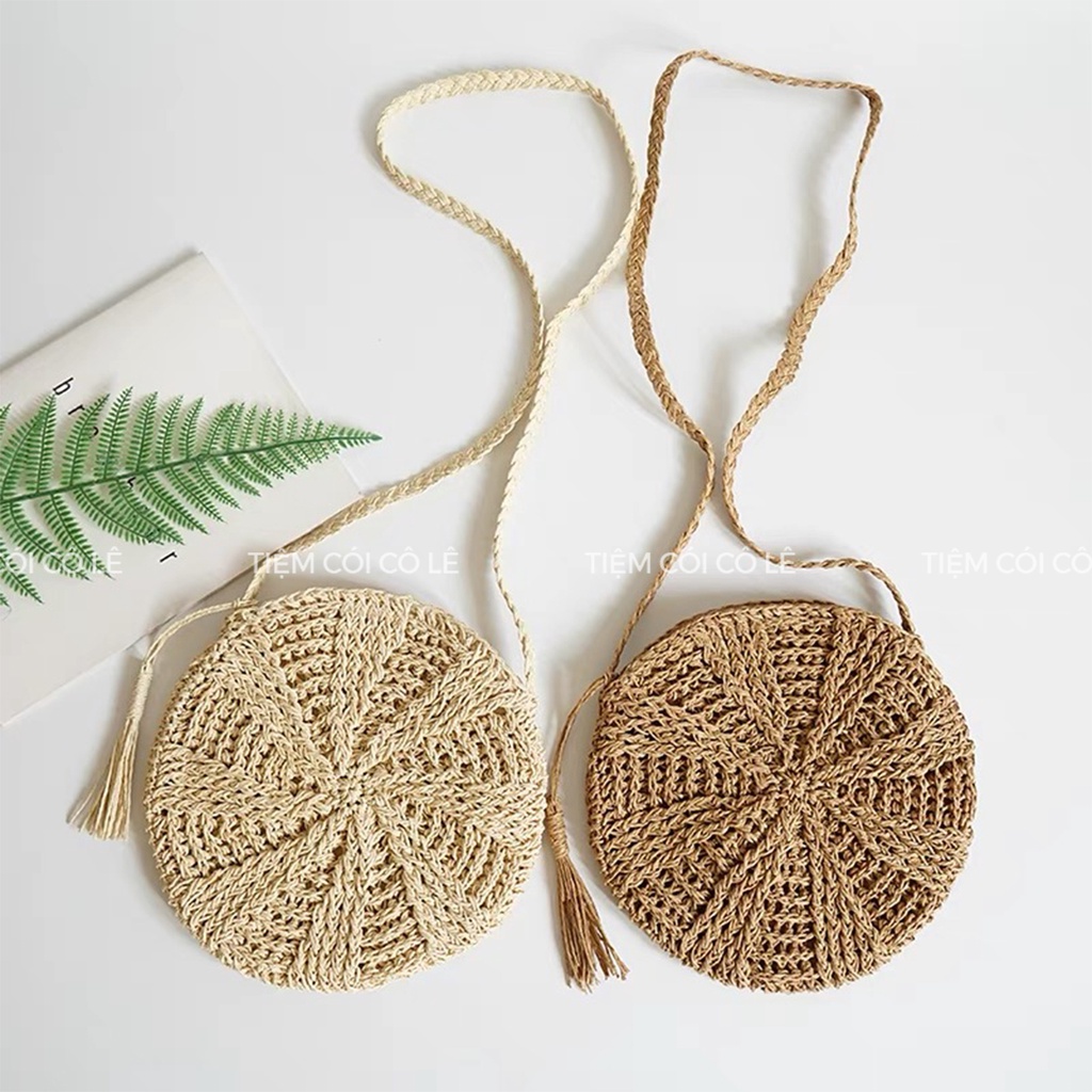 Túi cói dáng tròn đi biển đeo vai size 20cm - Tiệm Cói Cô Lê