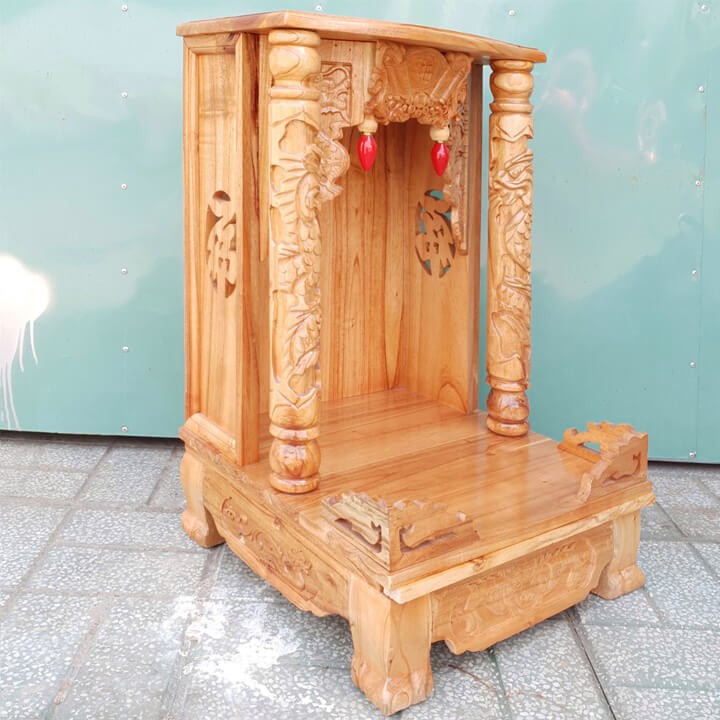 Bàn thờ thần tài ông địa gỗ xoan ngang 42cm quỳ trụ