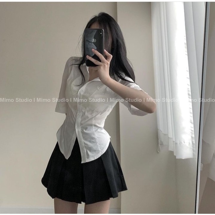 -  Quà tặng sinh nhật,bạn gái Set áo sơ mi xuyên thấu Chân váy xếp ly to