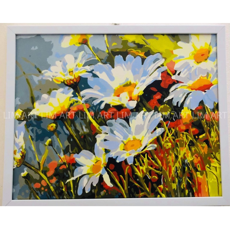 Tranh sơn dầu số hoá có khung LIM Art -Tranh tô màu theo số hoa cúc họa mi