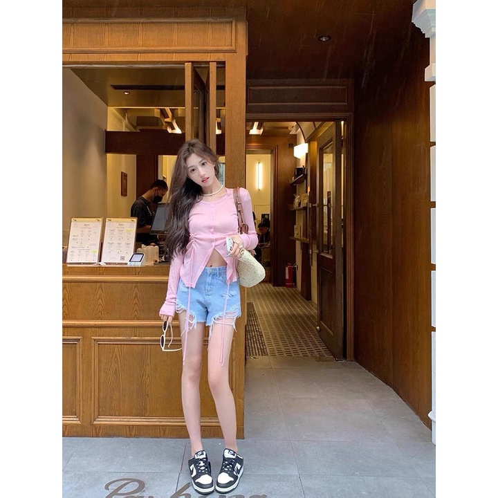 Drawstring T-shirt Women Summer Solid Color Long Sleeves Round Neck Front Shoulder Niche Thin Thin Waist Design Unique Sense