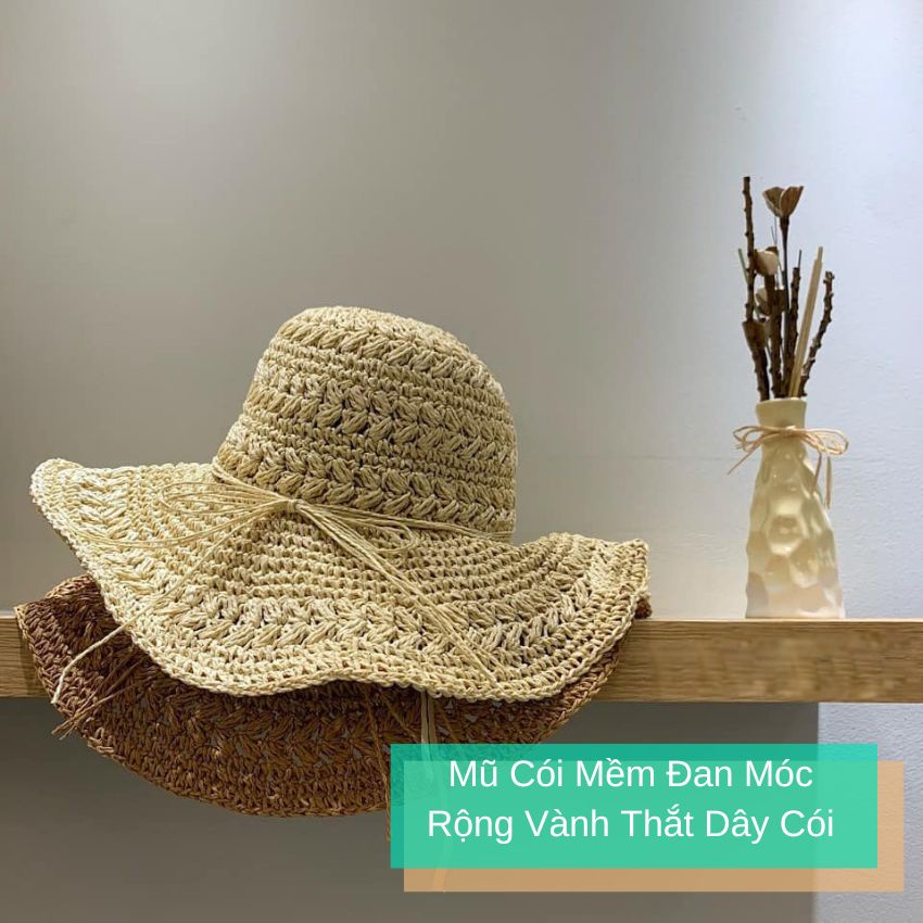 Mũ cói mềm đan móc rộng vành thắt dây cói