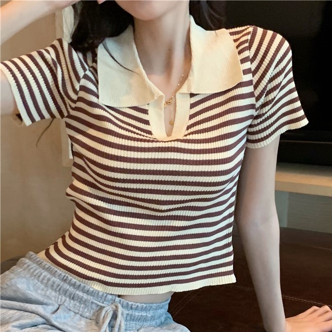 Áo Thun Polo Ngắn Tay Họa Tiết Sọc Ngang Thời Trang Dành Cho Nữ