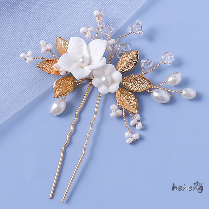 Trâm Cài Tóc Hình Hoa Lá Màu Trắng Đính Pha Lê Handmade Cho Cô Dâu