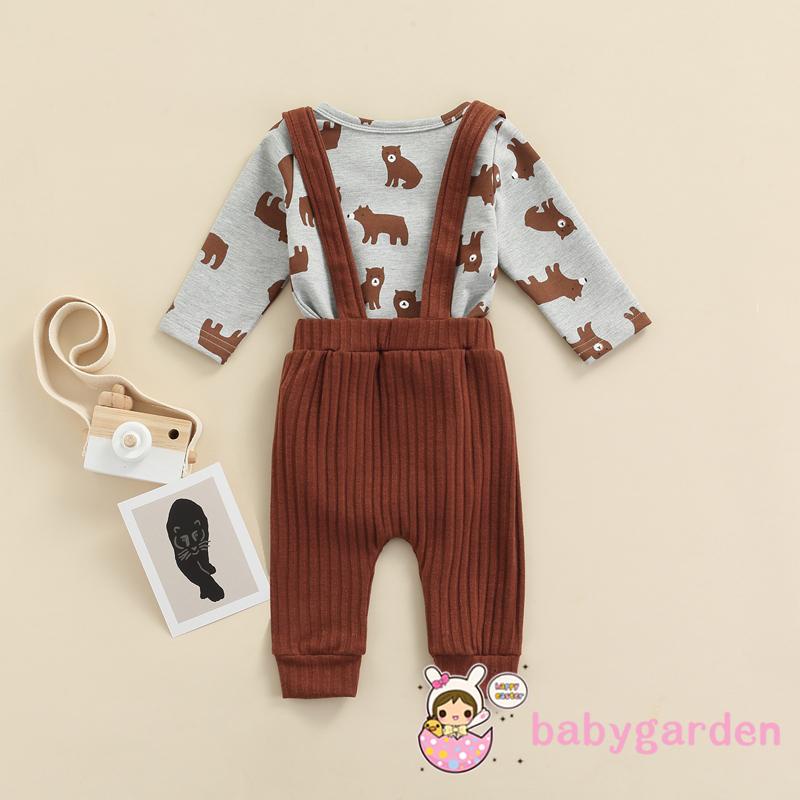 Set 2 món áo liền quần tay dài in hình chú gấu hoạt hình + quần yếm cho bé trai