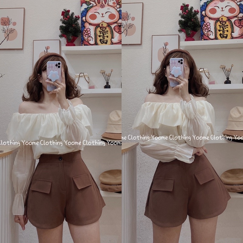 Quần short cạp cao xẻ đùi 2 bên quần đùi nắp túi cho nữ Yoome clothing