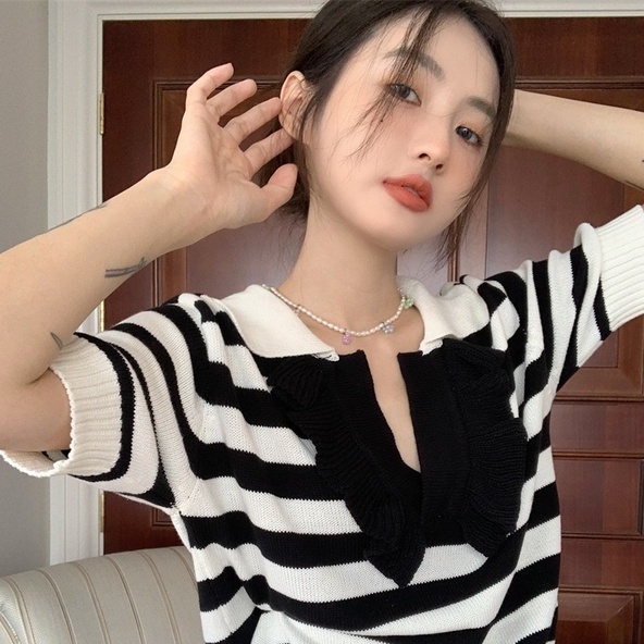 Áo thun polo dệt kim ZHELIHANGFEI dáng rộng kẻ sọc cá tính