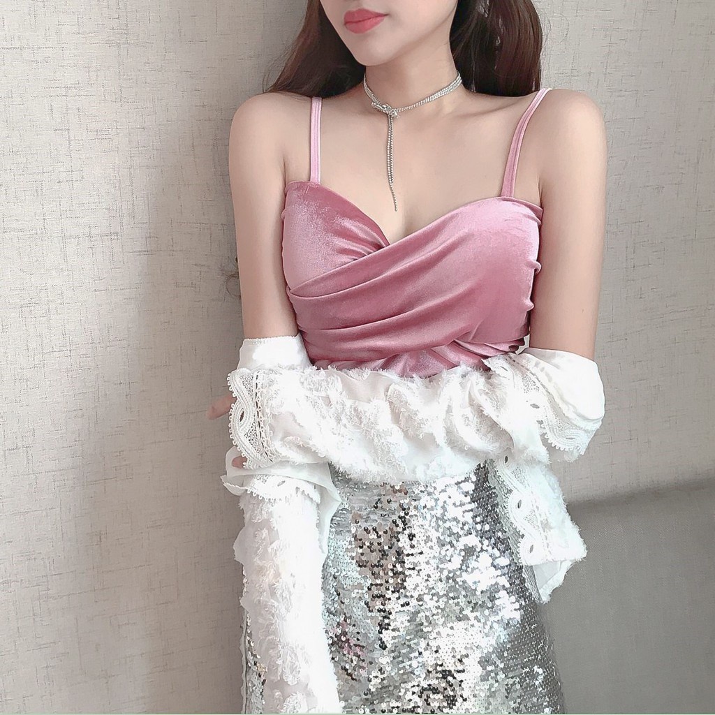 Áo hai dây nữ dáng bra Gooo store có mút chéo ở ngực vải nhung mịn cực cute