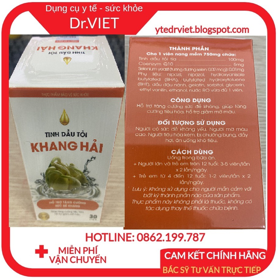 Tinh dầu tỏi Khang Hải- Hộp 30 viên Hỗ trợ tăng cường sức đề kháng, tiêu hóa kém, giảm mỡ máu, bị chướng bụng, đầy hơi