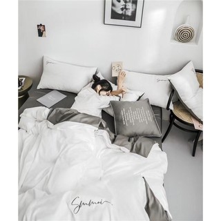 Sét chăn ga lụa tencel sumoi màu trắng phối xám