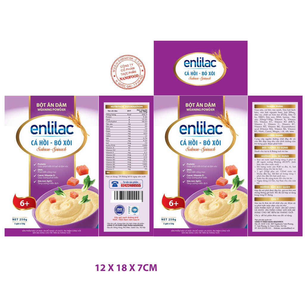 Bột ăn dặm Enlilac Cho Bé Hộp 250gr Bột ăn dặm Gà- Rau củ/ Cá hồi- Bó xôi
