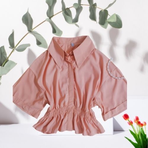 Áo sơ mi cách điệu kiểu croptop bo chun eo màu cam đất tay lỡ (ảnh thật shop tụ chụp)
