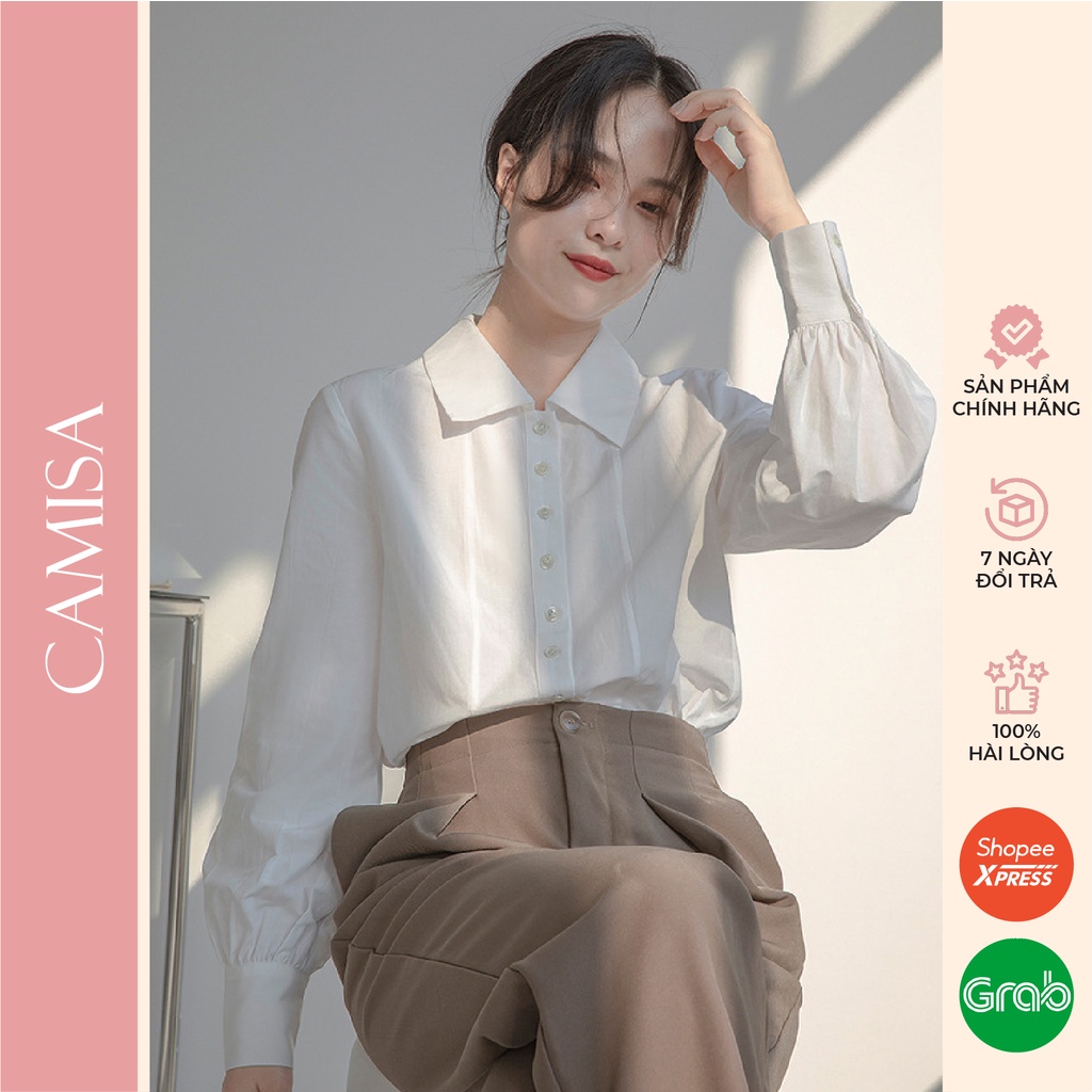 Áo Sơ Mi Nữ CAMISA Dài Tay Tiểu Thư Vintage Cổ Đức Hàn Quốc, Sơ Mi Trắng Công Sở Form Rộng Nữ Kiểu Vải Đũi Cao Cấp CM07