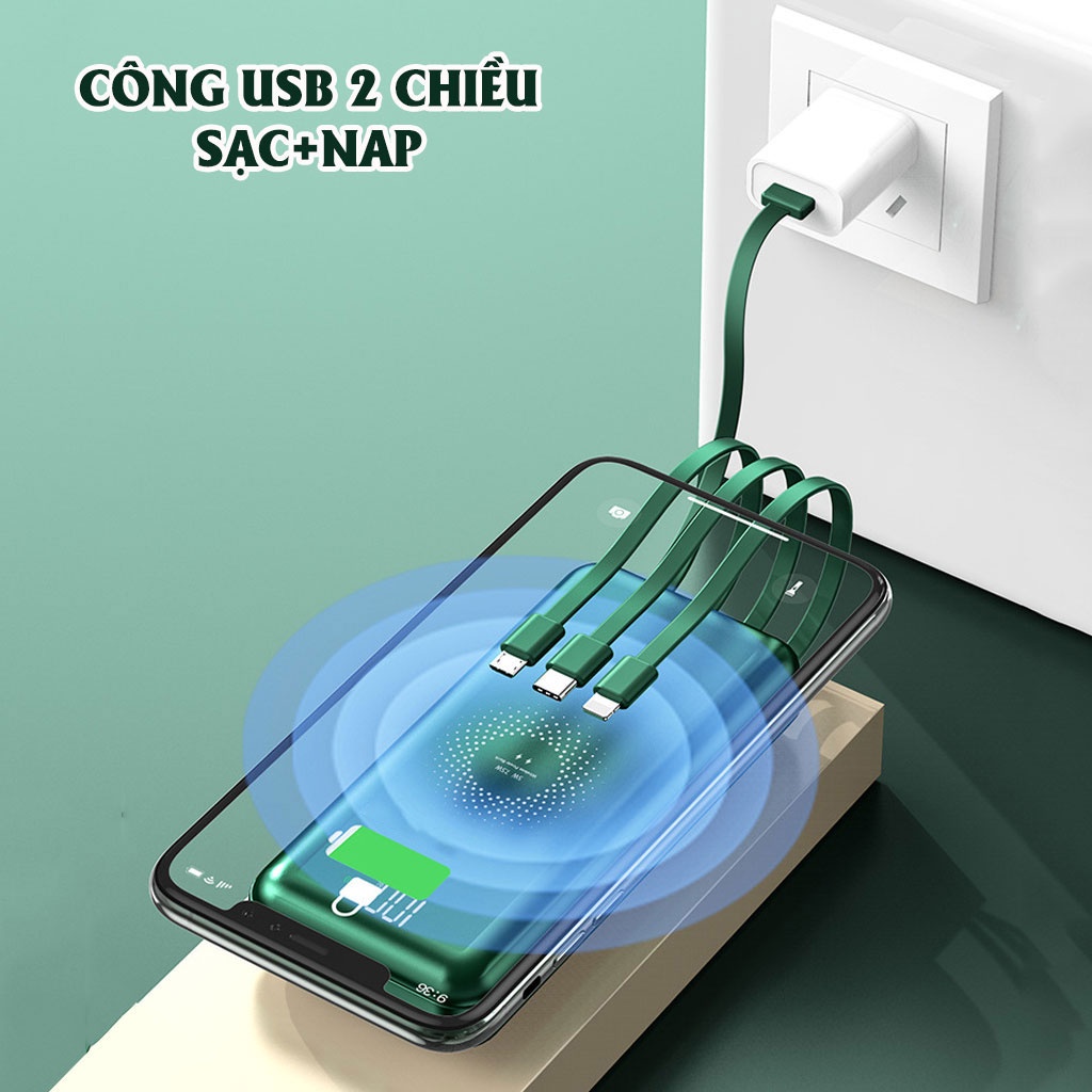 Pin sạc dự phòng Tích hợp sạc không dây HXSJ 10000mAh, Hỗ trợ sạc nhanh cổng usb 2.1A Kèm sẵn 4 đầu sạc tiện lợi