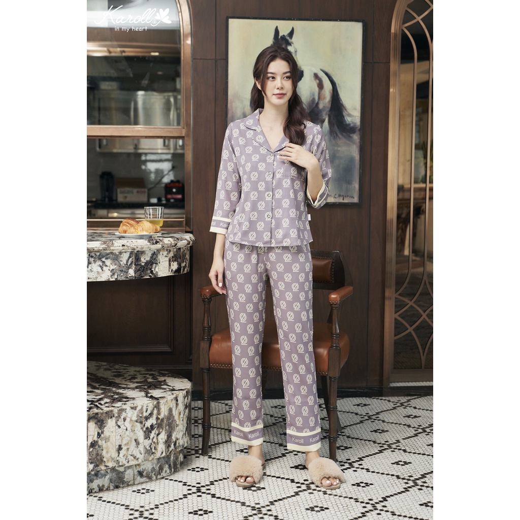 Bộ lụa luxury Karoll quần dài tay lửng họa tiết hình NH22.074
