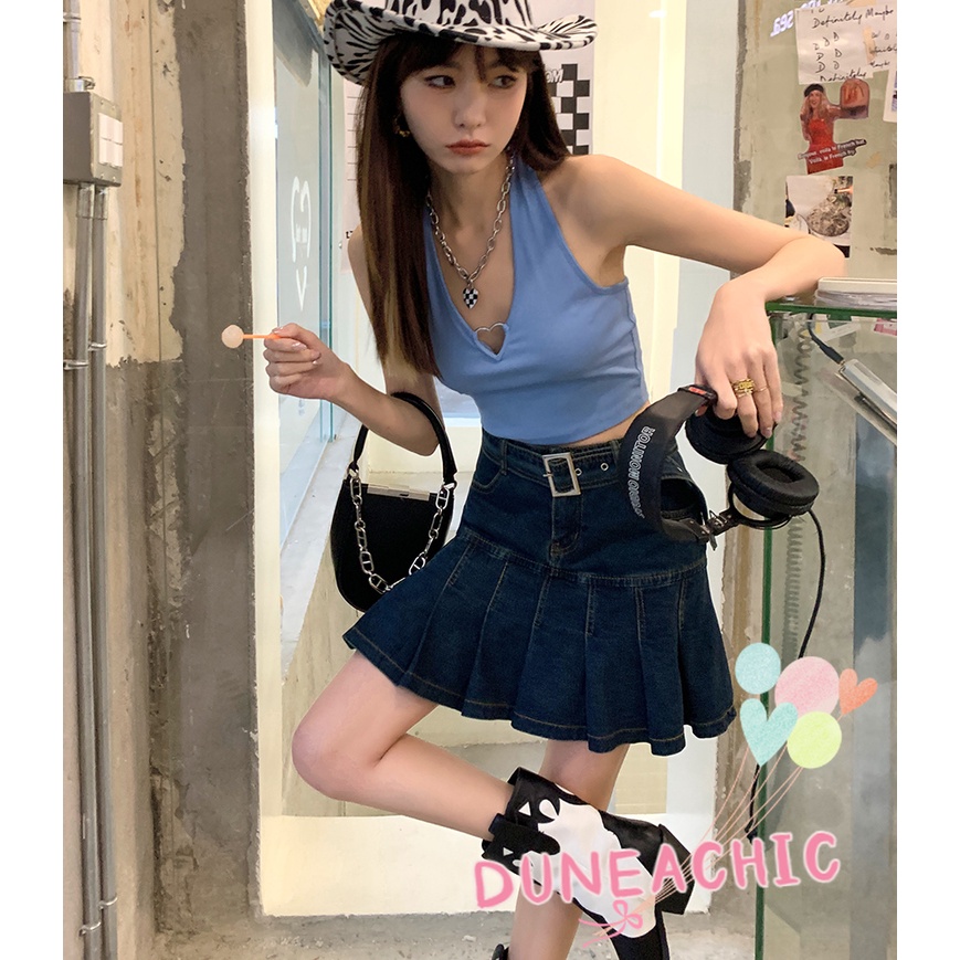 DUNEA Chân váy jean Dáng Chữ A Lưng Cao Xếp Ly Kiểu Retro Gợi Cảm Cho Nữ