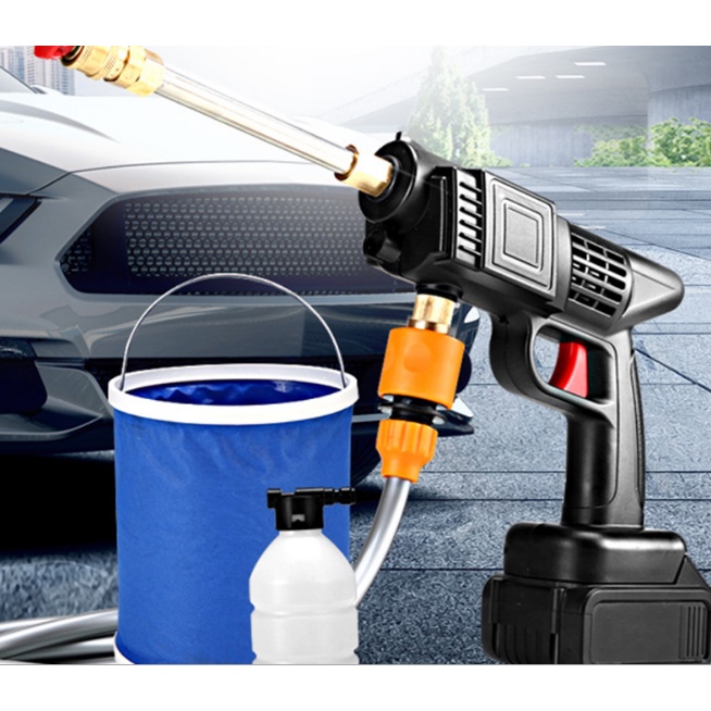 Máy Rửa Xe - Súng Cầm Tay Rửa Xe Áp Lực Cao Không Dây Dùng Pin Lithium 24V ,Tặng xô nước, xà phòng, Rửa Xe MiNi Gia Đình