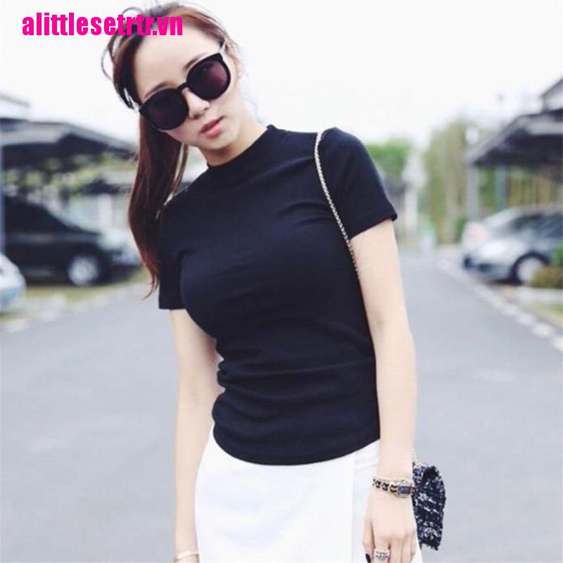 Áo thun tay ngắn dáng ôm cổ lọ phong cách thời trang mùa hè quyến rũ cho nữ