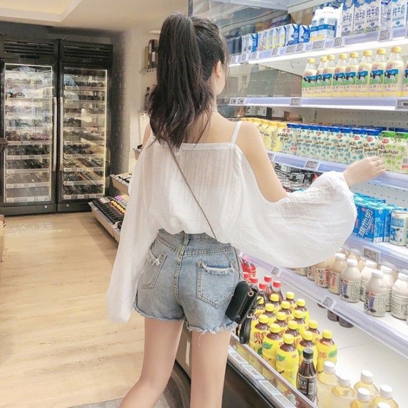 Áo kiểu IELGY chiffon mỏng tay dài thiết kế hở vai thời trang xinh xắn dành cho nữ